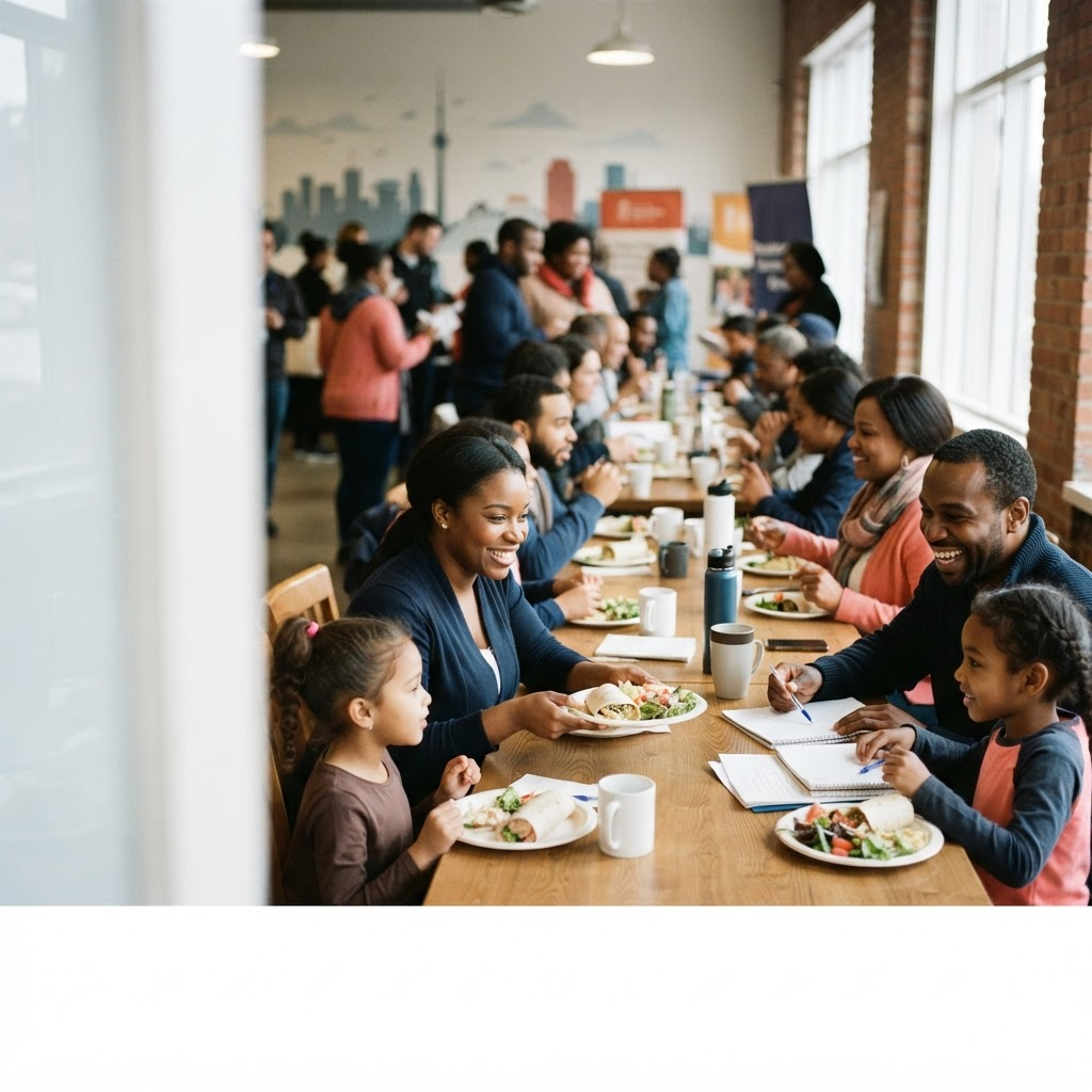 Young people gathered together in a bright community space